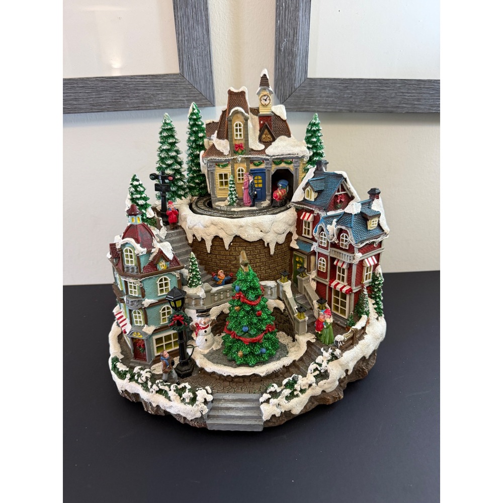 Large Animated Christmas Village with Moving Train & Glitter Tree Tabletop Decor